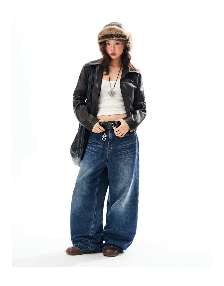 PU Leather Washed Zipper Short Length Jacket