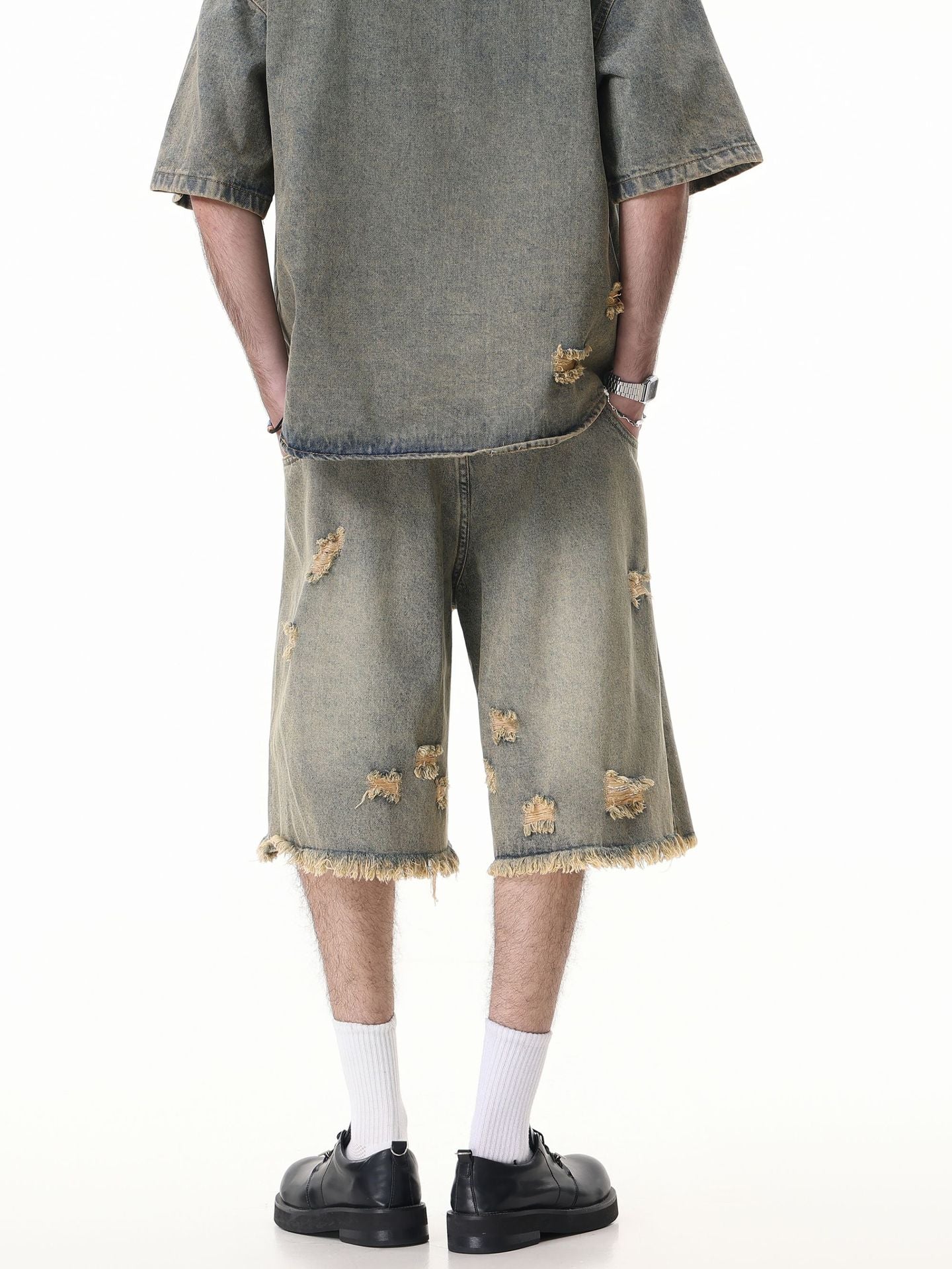 Washed Damage Wide Leg Denim Short Pants