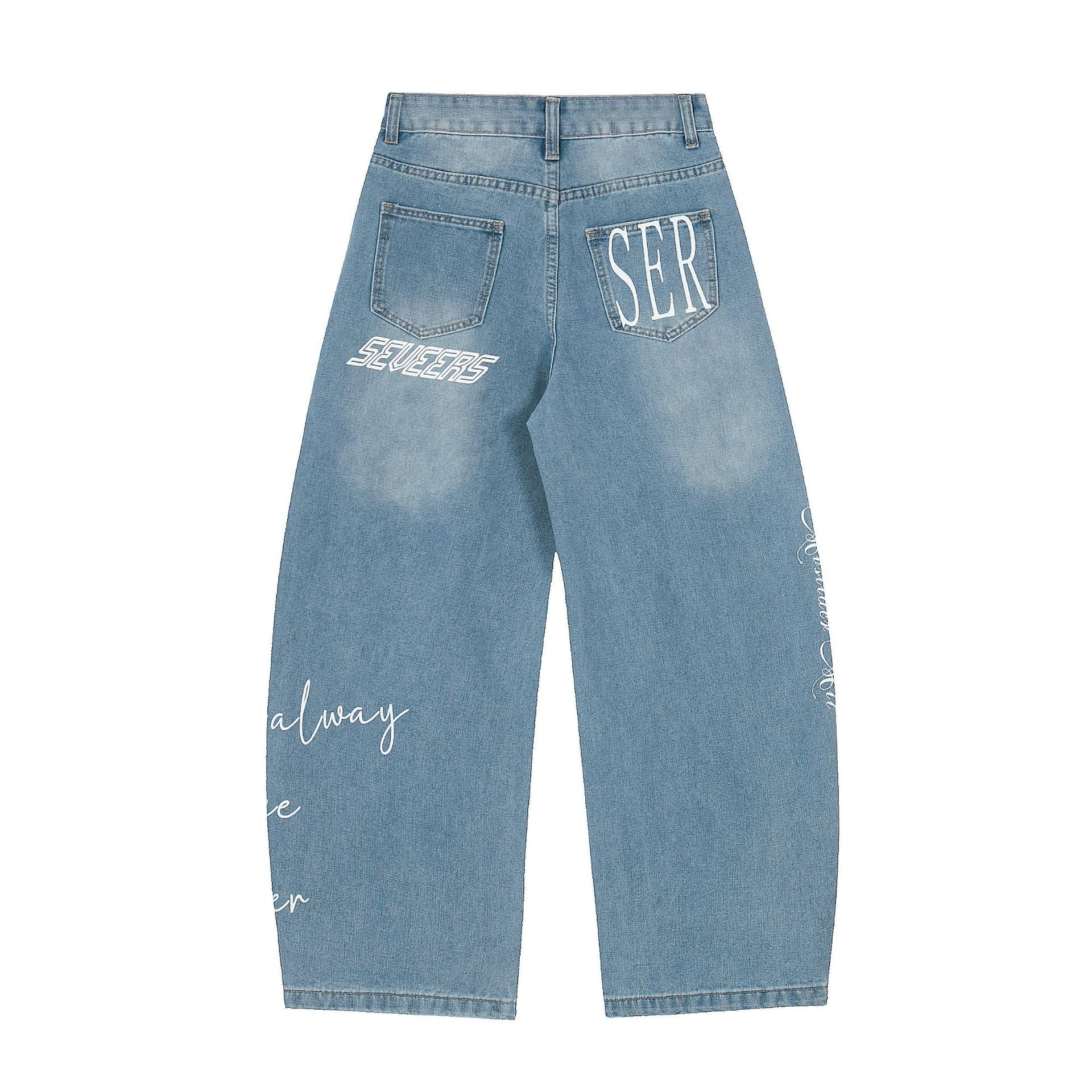 Washed Letter Print Wide Leg Denim Jeans