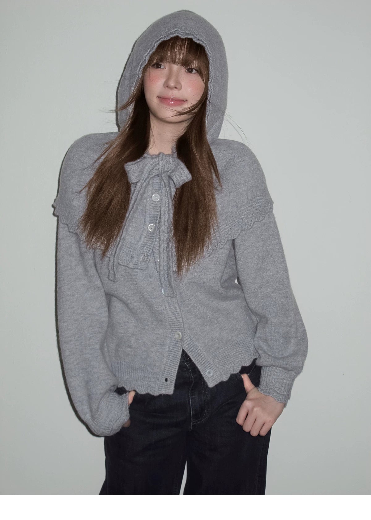Ruffled Collar And Bow Detail Knit Cardigan