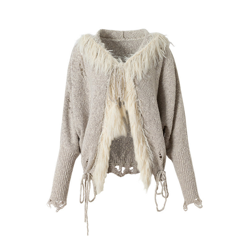 Fake Fur Trim Drawstring Oversize Knit Cardigan