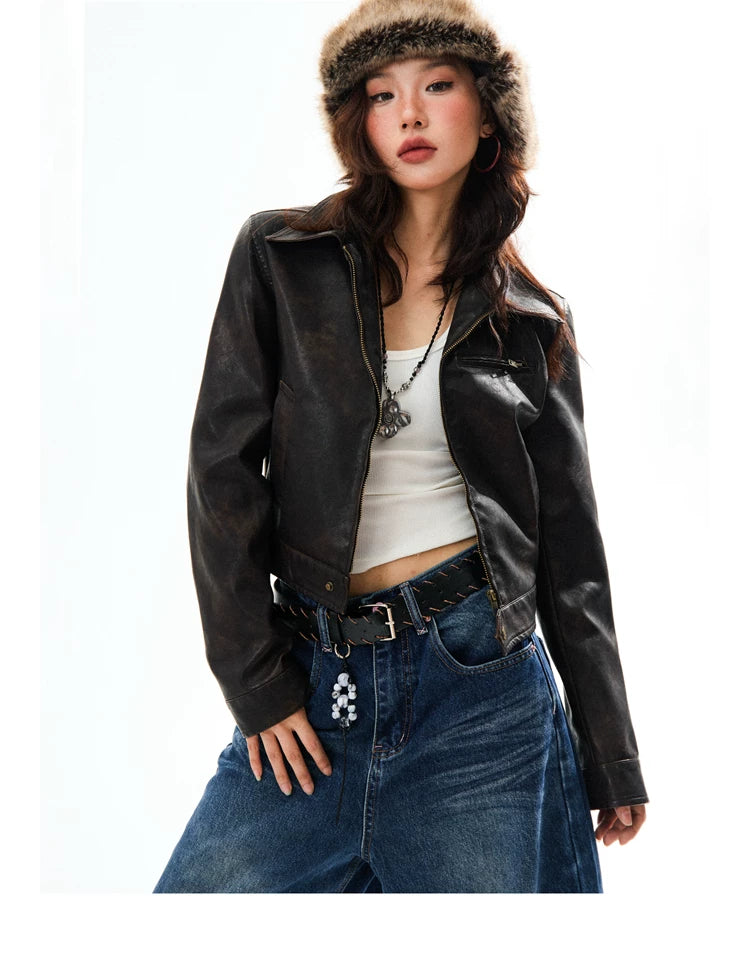 PU Leather Washed Zipper Short Length Jacket