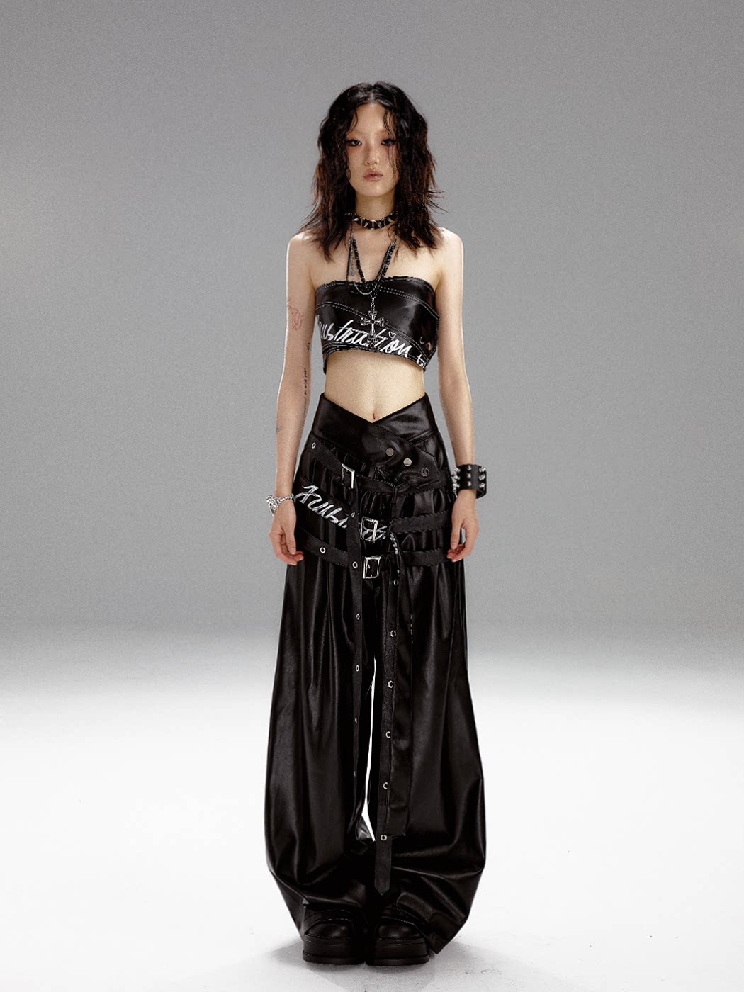 High-Waist V-Cut Graffiti Print Belted Black PU Leather Pants