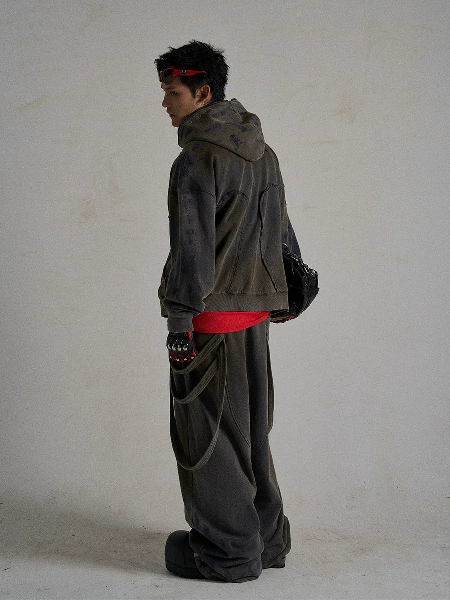 Washed Double Zipper Hoodie &Wide Leg Washed Sweatpants Setup