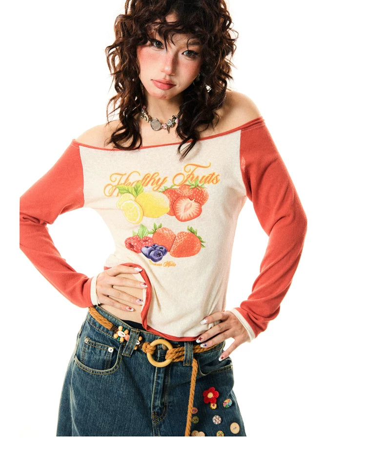 Fruit Graphic Print Off-Shoulder Fitted Long Sleeve T-Shirt