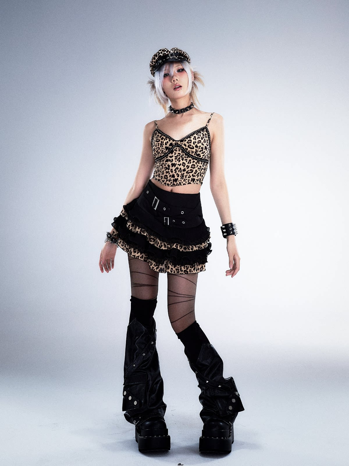 Leopard Patchwork Belted Tiered A-Line Skirt