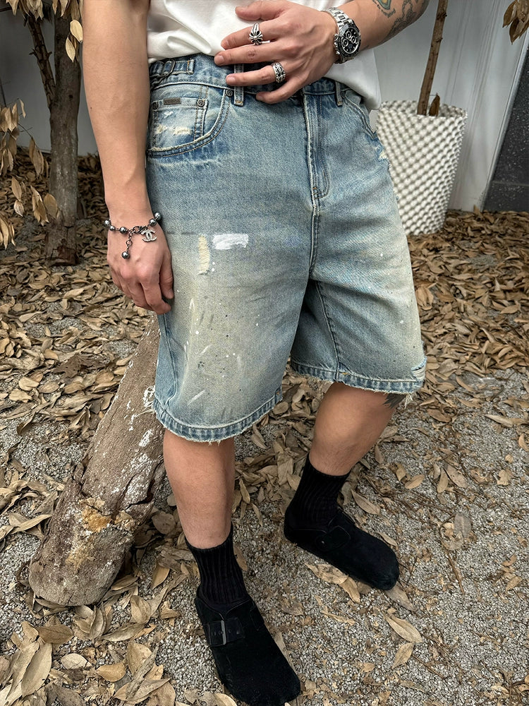 Damage Paint Fade Washed Denim Short