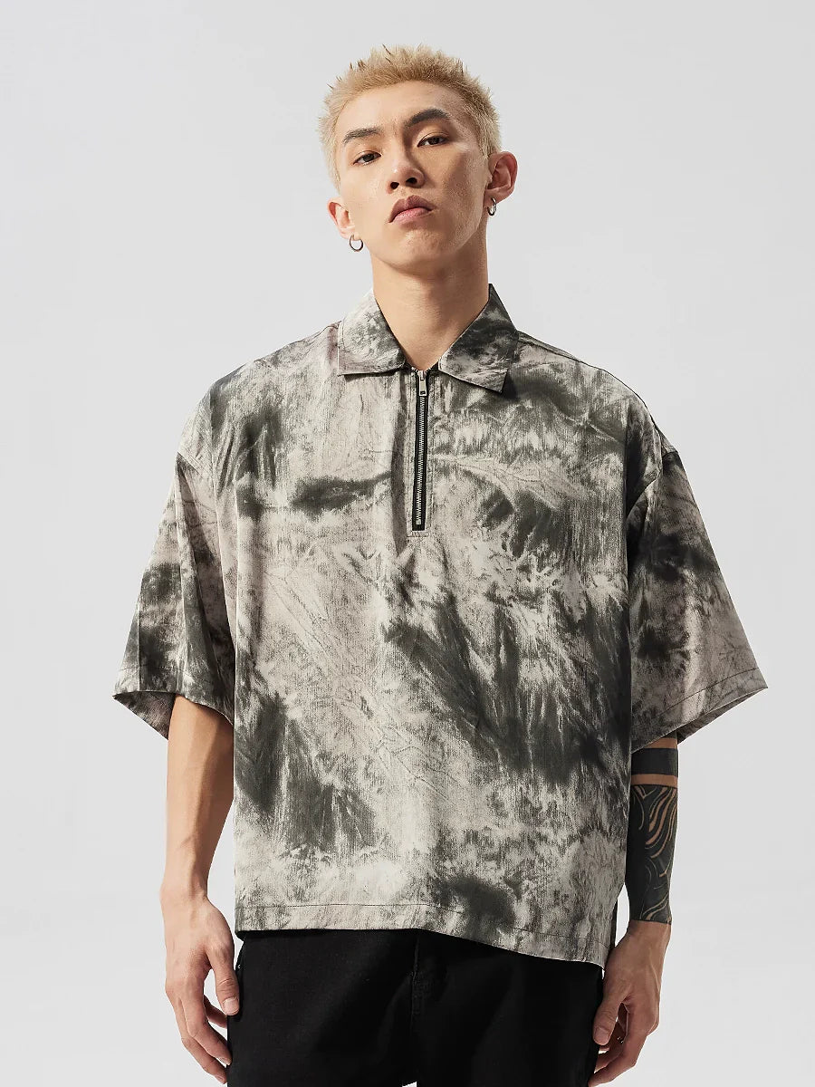 Tie-Dye Ink Design Half Zipper Polo Shirt
