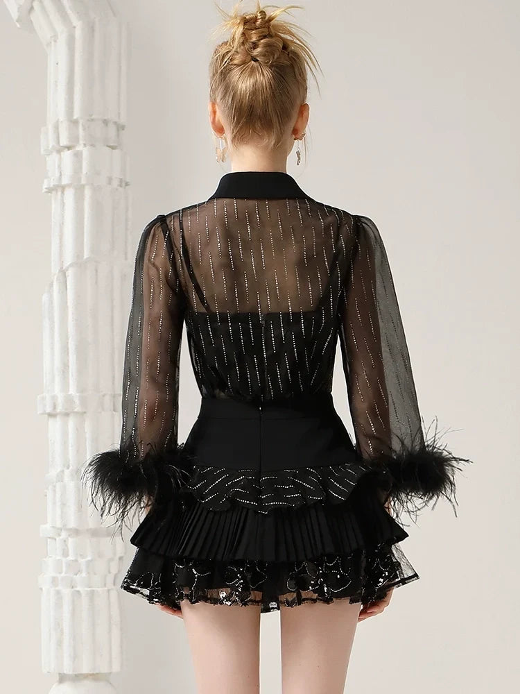 Sheer Shirt & Camisole & Layered Skirt Setup
