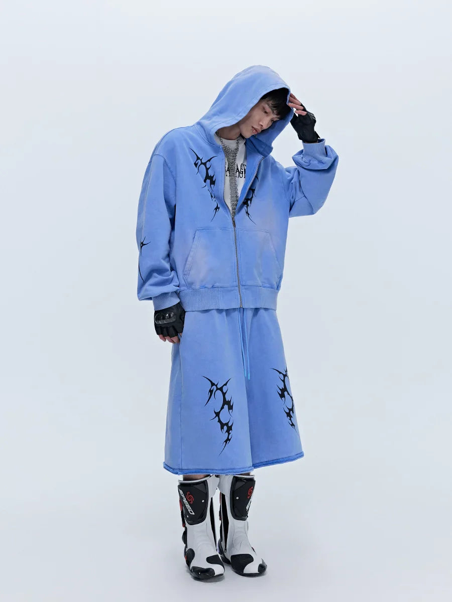 Oversize Washed Print Zipper Hoodie & Wide-leg Half Sweatpants Setup