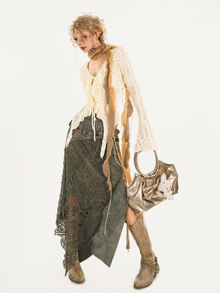 Original Design Heavy Craft Wasteland Knit Patchwork Lace Skirt
