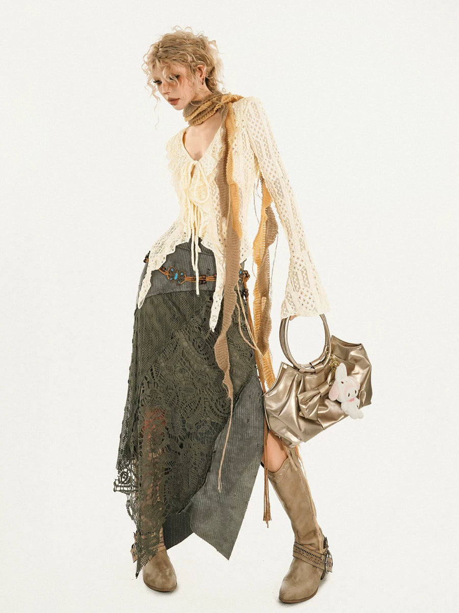 Original Design Heavy Craft Wasteland Knit Patchwork Lace Skirt
