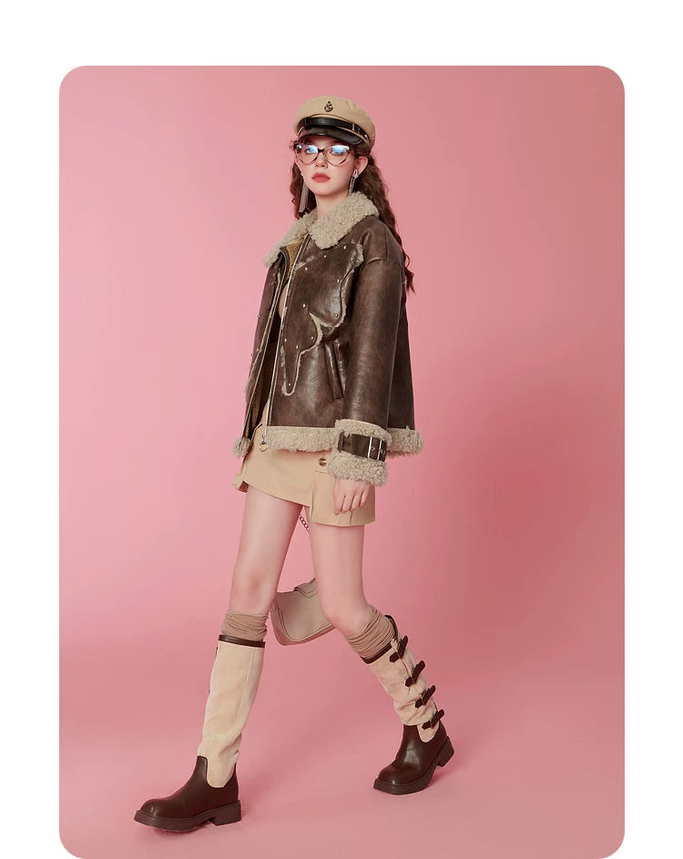 Fake Shearling Thick PU Leather Jacket