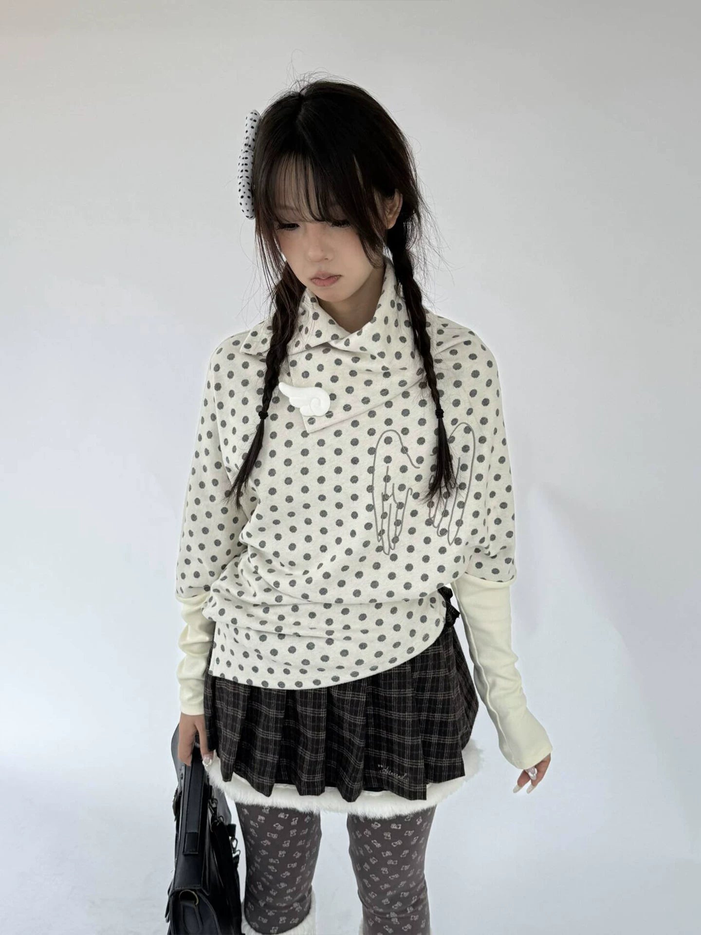 Asymmetric Polka Dot Fitted Long Sleeve T-Shirt