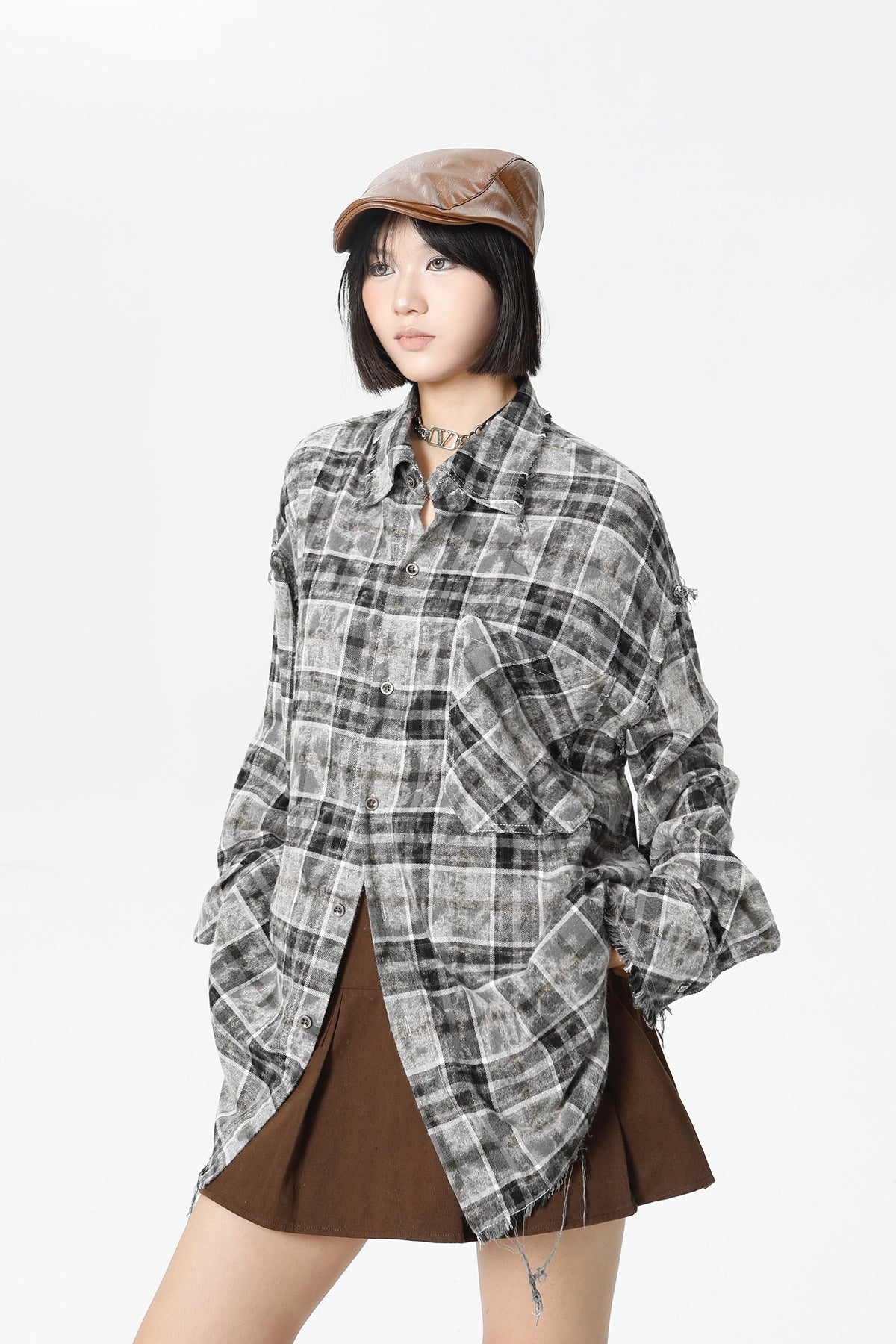 Plaid Washed Fringe Long Sleeve Shirt