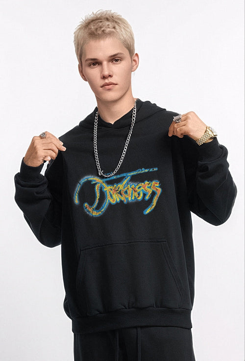Oversize Print Pullover Hoodie - black / S