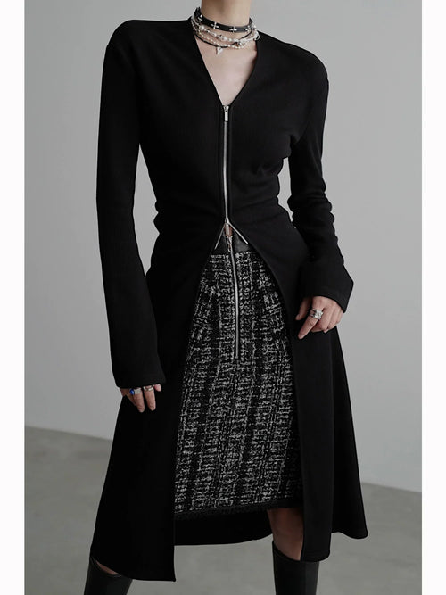 Zipper Long Knit Cardigan - Black / S