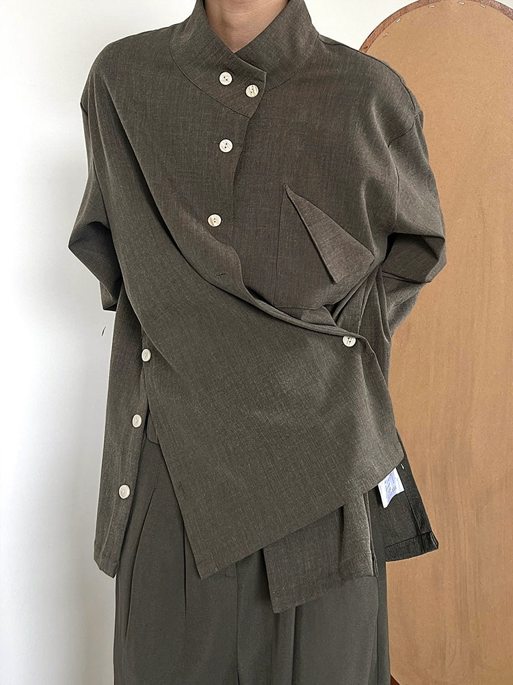 Standing-Collar Side Button Long Sleeve Shirt