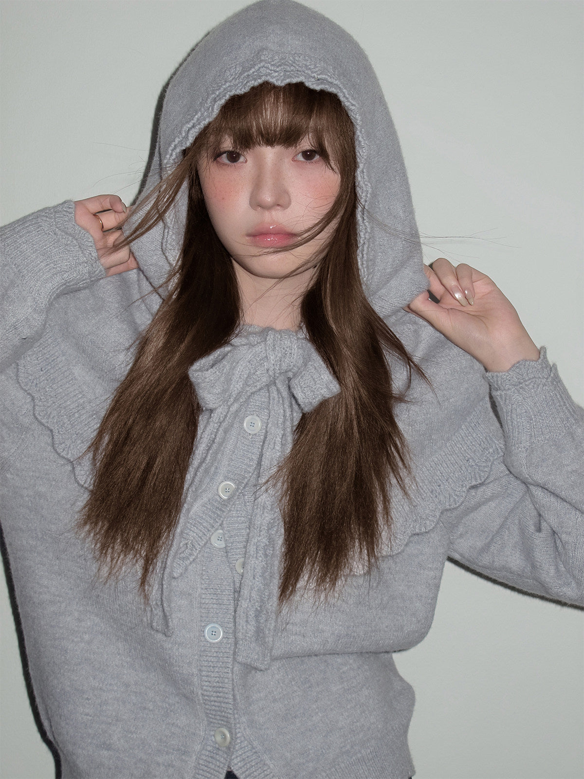 Ruffled Collar And Bow Detail Knit Cardigan