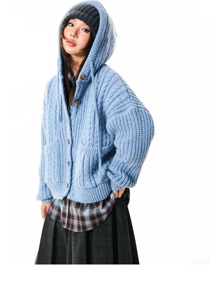 Hooded Button Oversize Cable Knit Cardigan