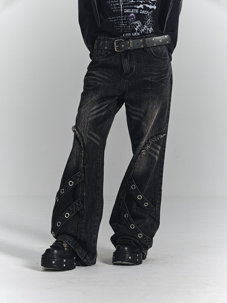 Washed Frayed Wide-Leg Straight Denim Jeans