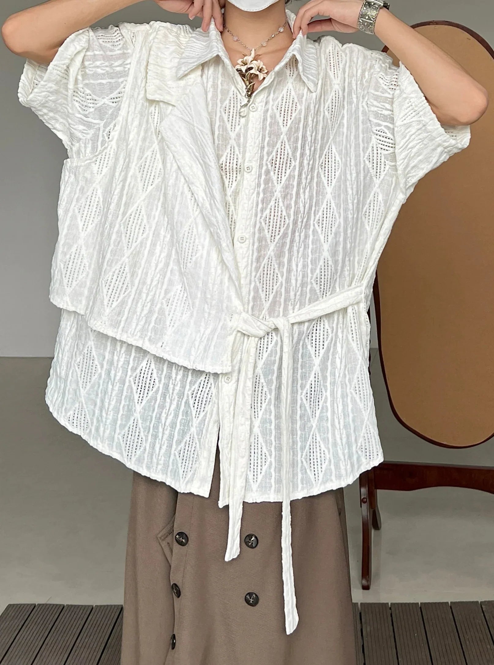 Jacquard Hollow Patchwork Texture Short Sleeve Shirt