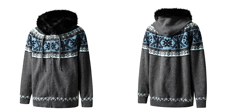 Fur Collar Fair Isle Hooded Knit Cardigan