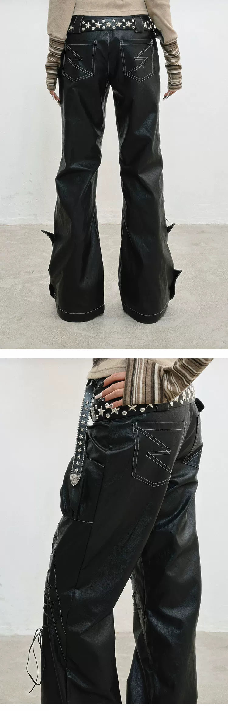 Original Design Lace-Up Double Waistband Structural PU Leather Pants