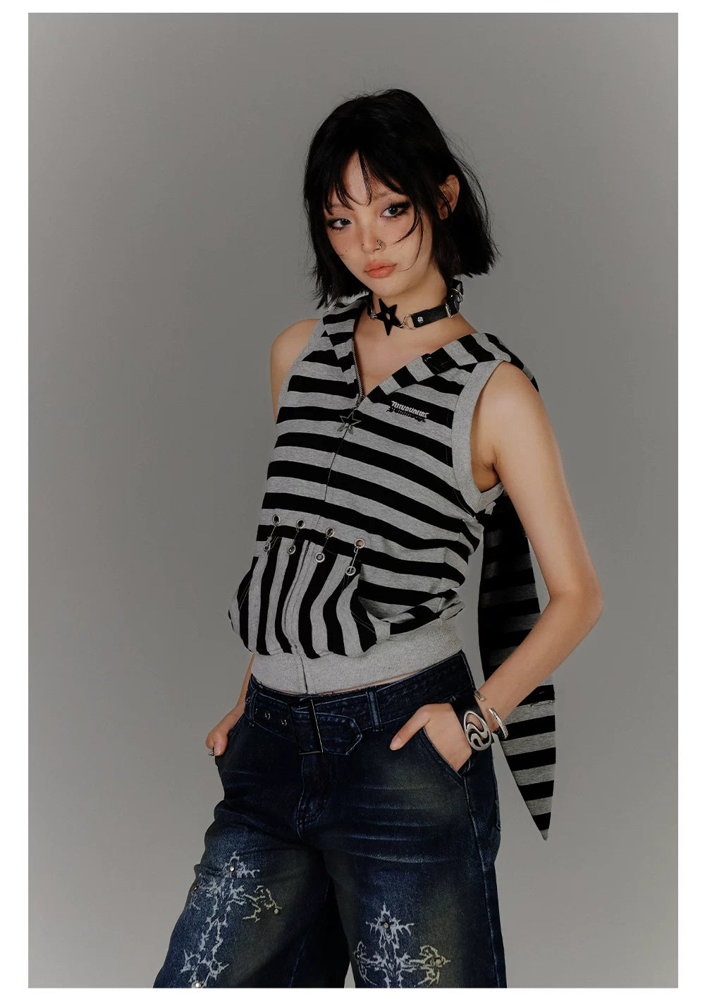 Stripe Zipper Hooded Sleeveless T-Shirt