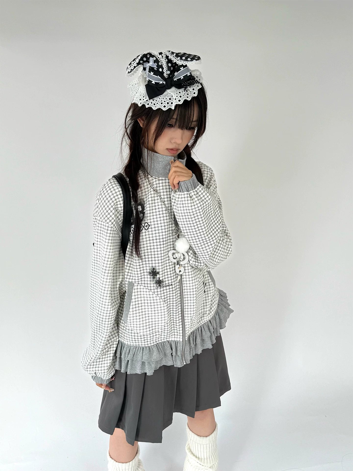 Checkered Ruffle Hem Oversize Zipper Hoodie