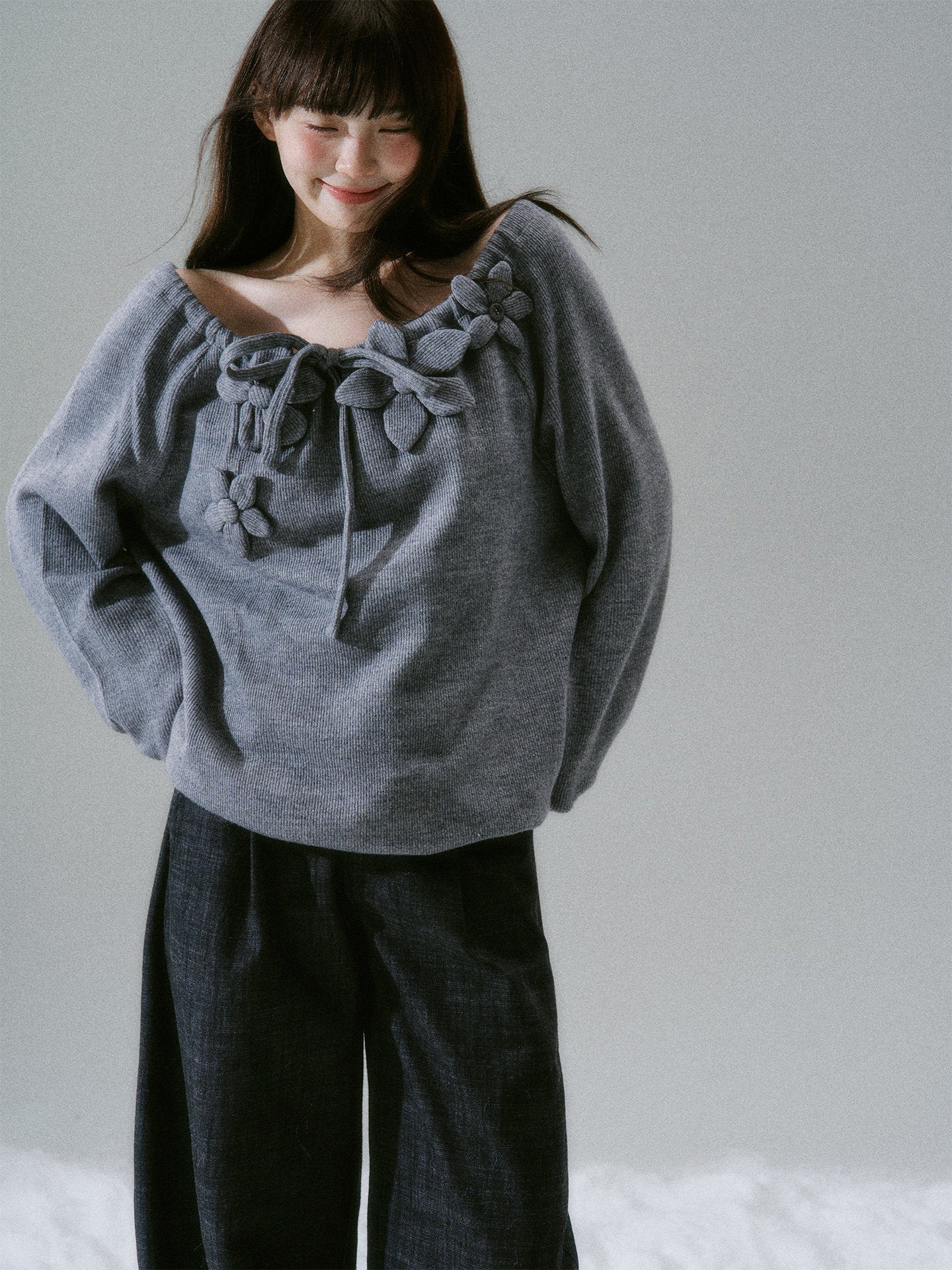 Handmade Flower Drawstring Wool Fake Layered Knit Sweater