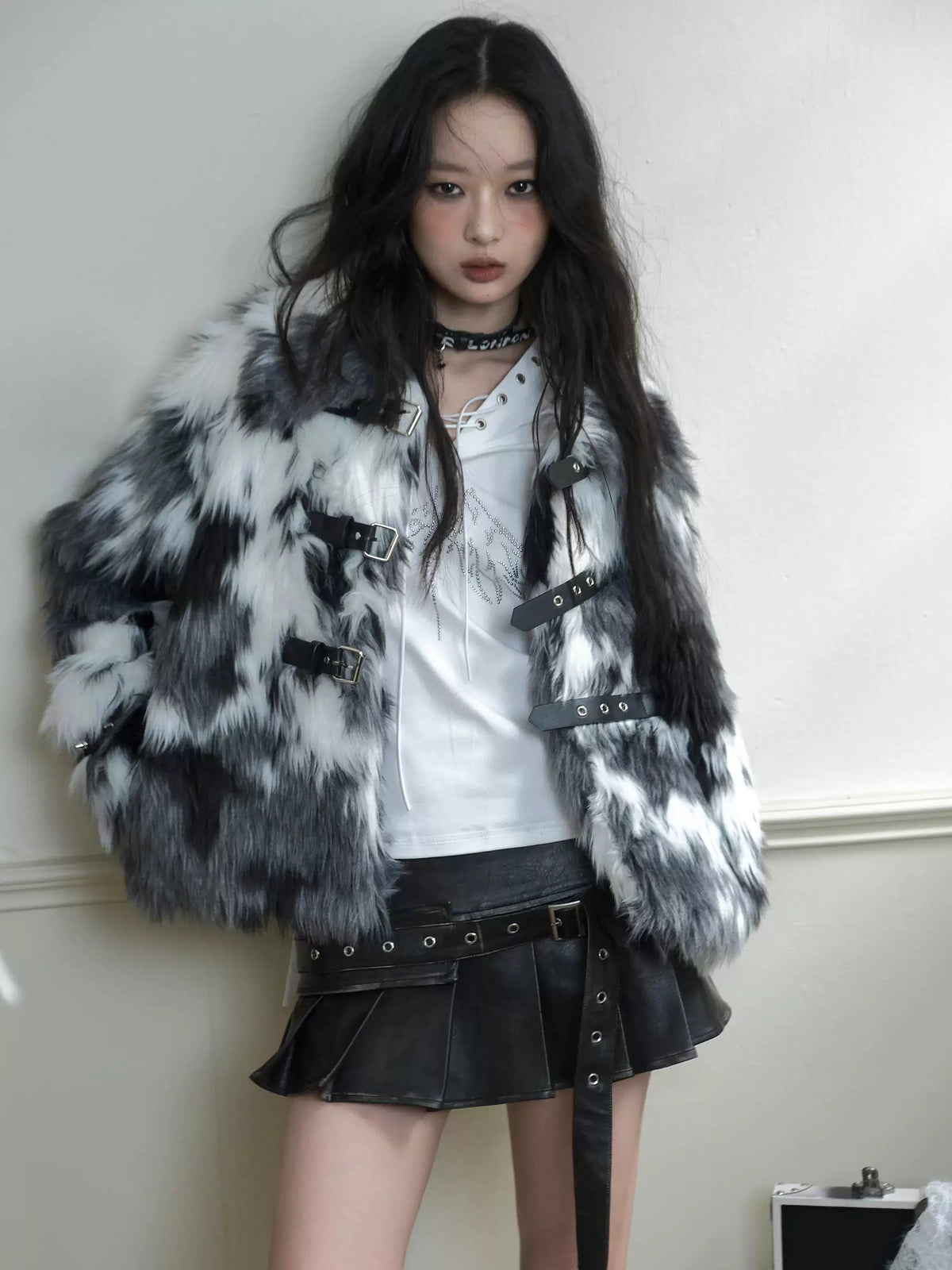 Studded Black And White Fake Fur Short Jacket