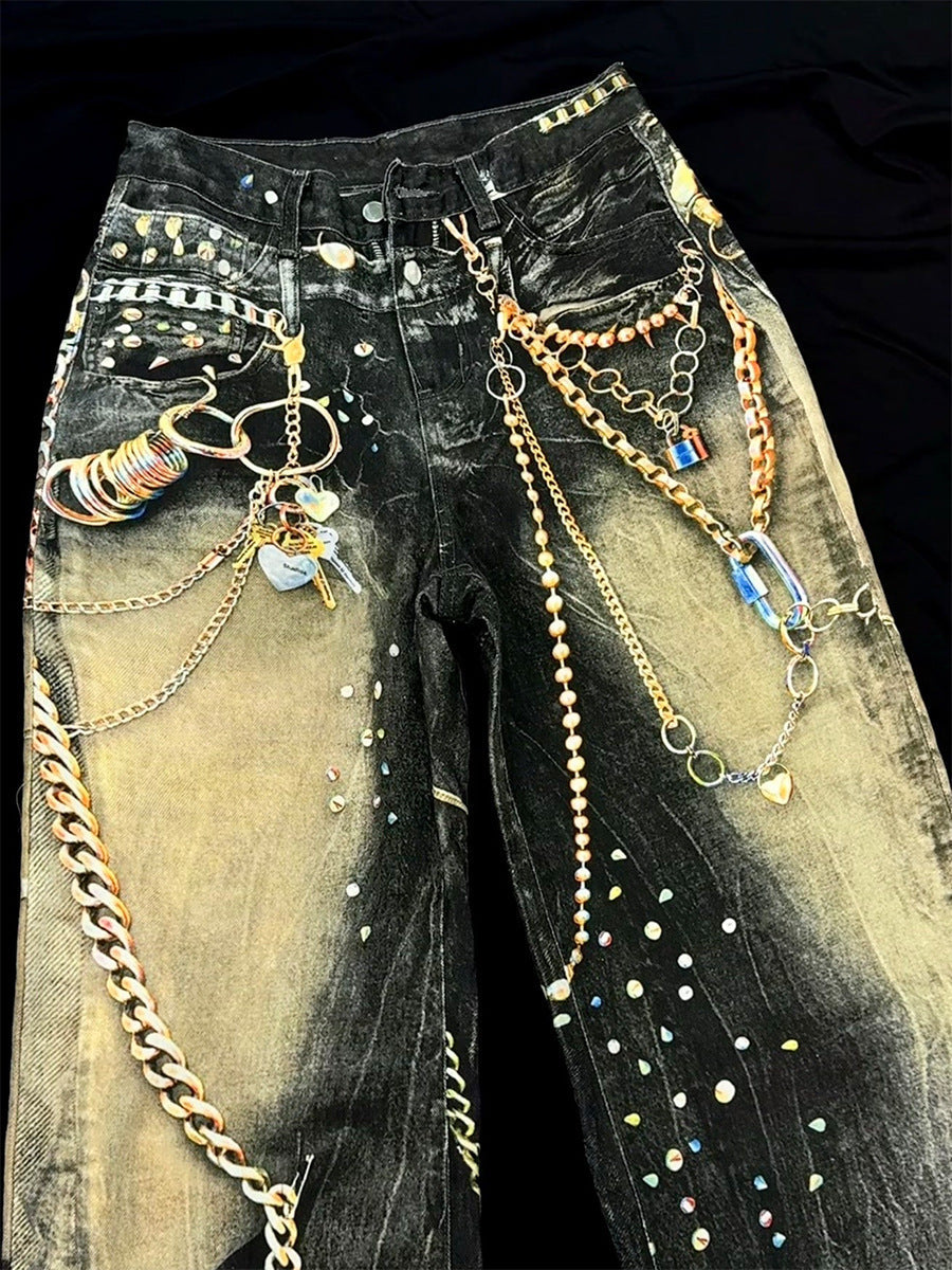 Chain Paint  3D Print Washed Wide Leg Denim Jeans