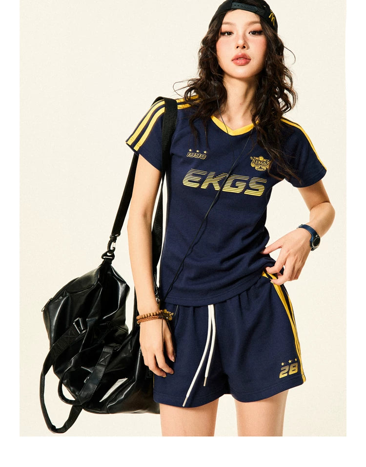 Stripe Letter Print Short Sleeve T-Shirt & Short Pants Setup