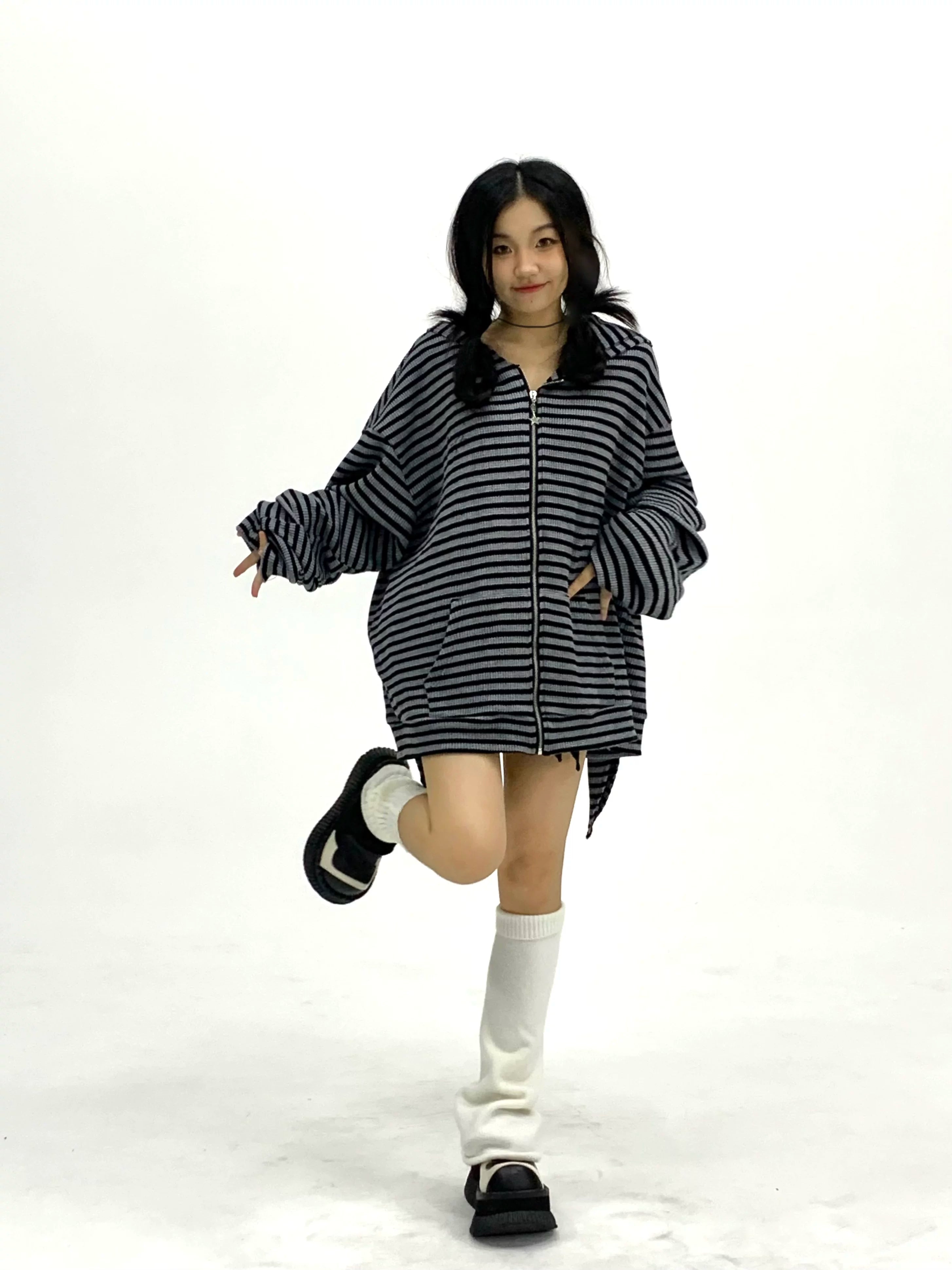 Striped Rabbit Ear Oversize Zipper Jacket & Zipper Coat