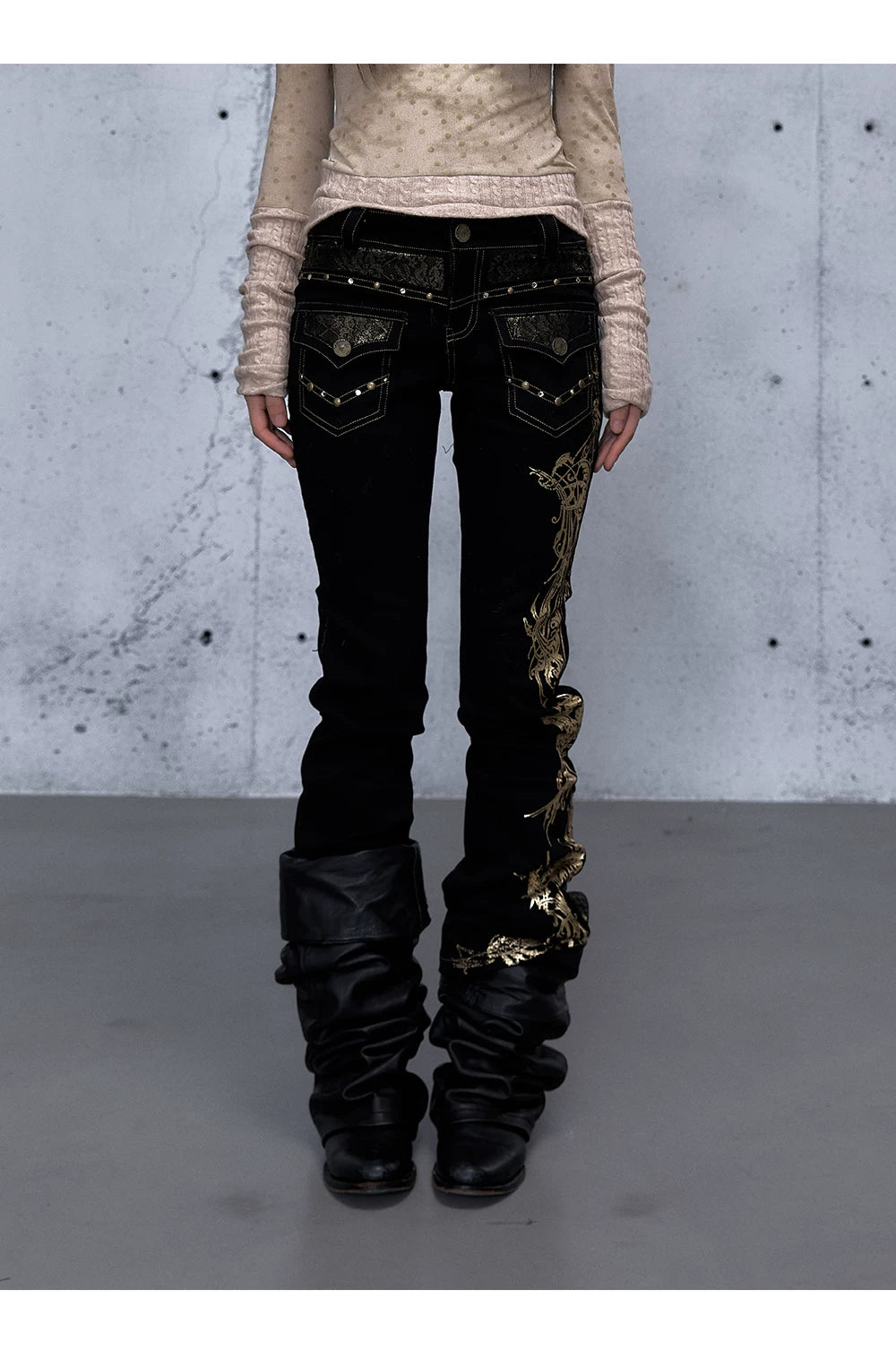 Embroidery Low Rise Straight Denim Jeans