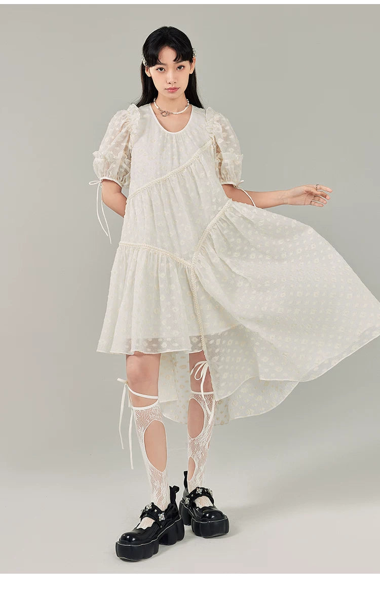 Jacquard Design Short Sleeve Dress With Irregular Hem Length