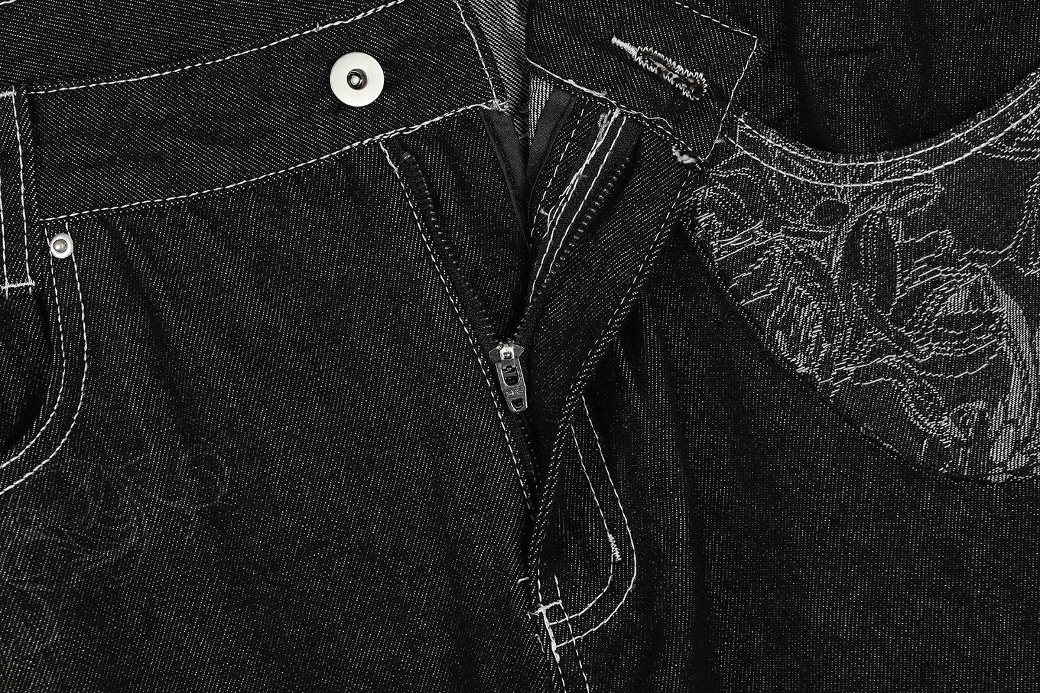 Contrast Stitch Bandana Patch Wide Leg Denim Jeans