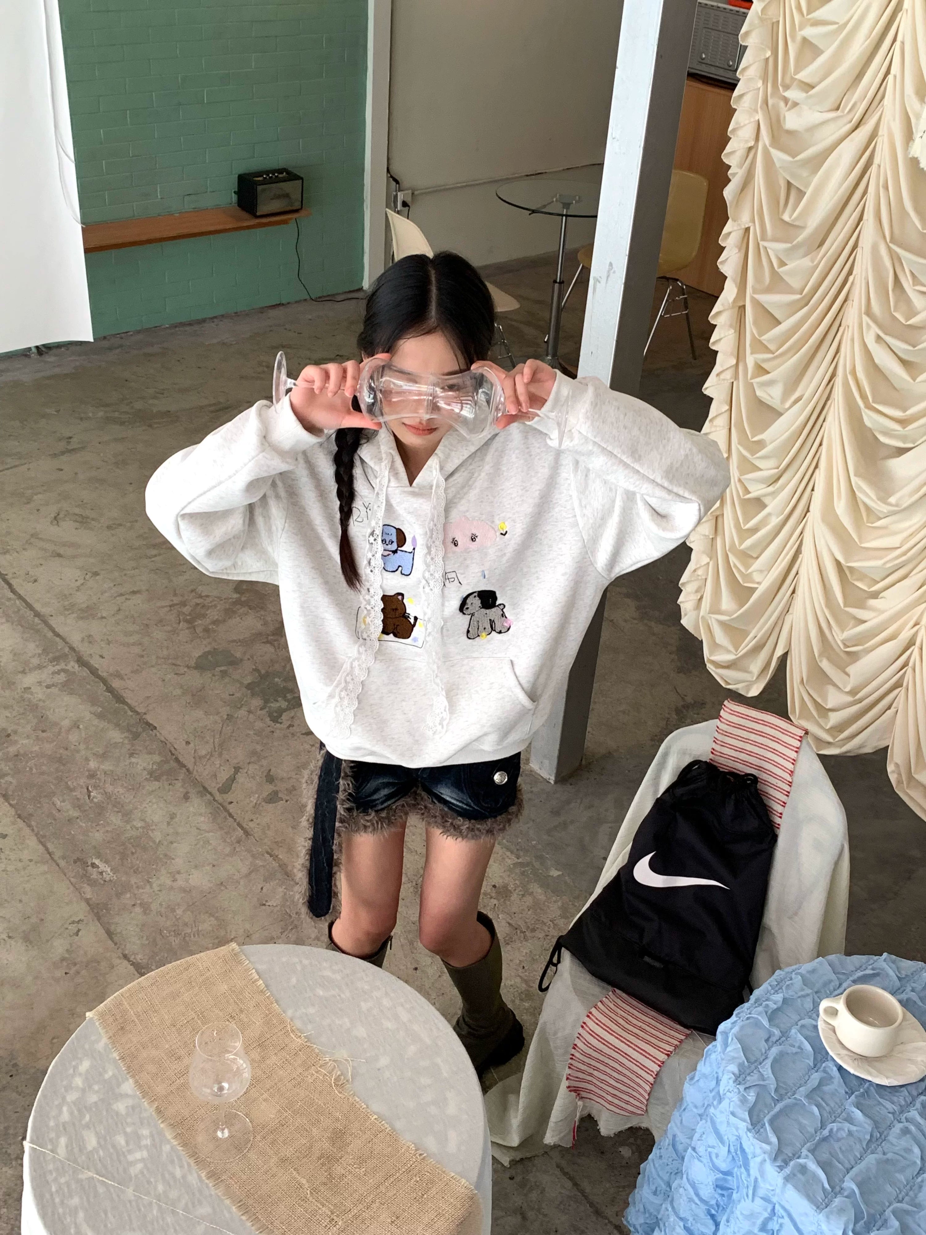 Lace Embroidery Dog Print Oversize Pullover Hoodie