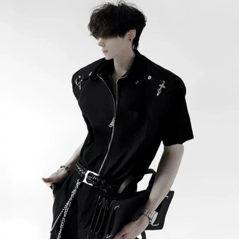 Metal Deconstruction Shoulder-Pad Zipper Short Sleeve Shirt