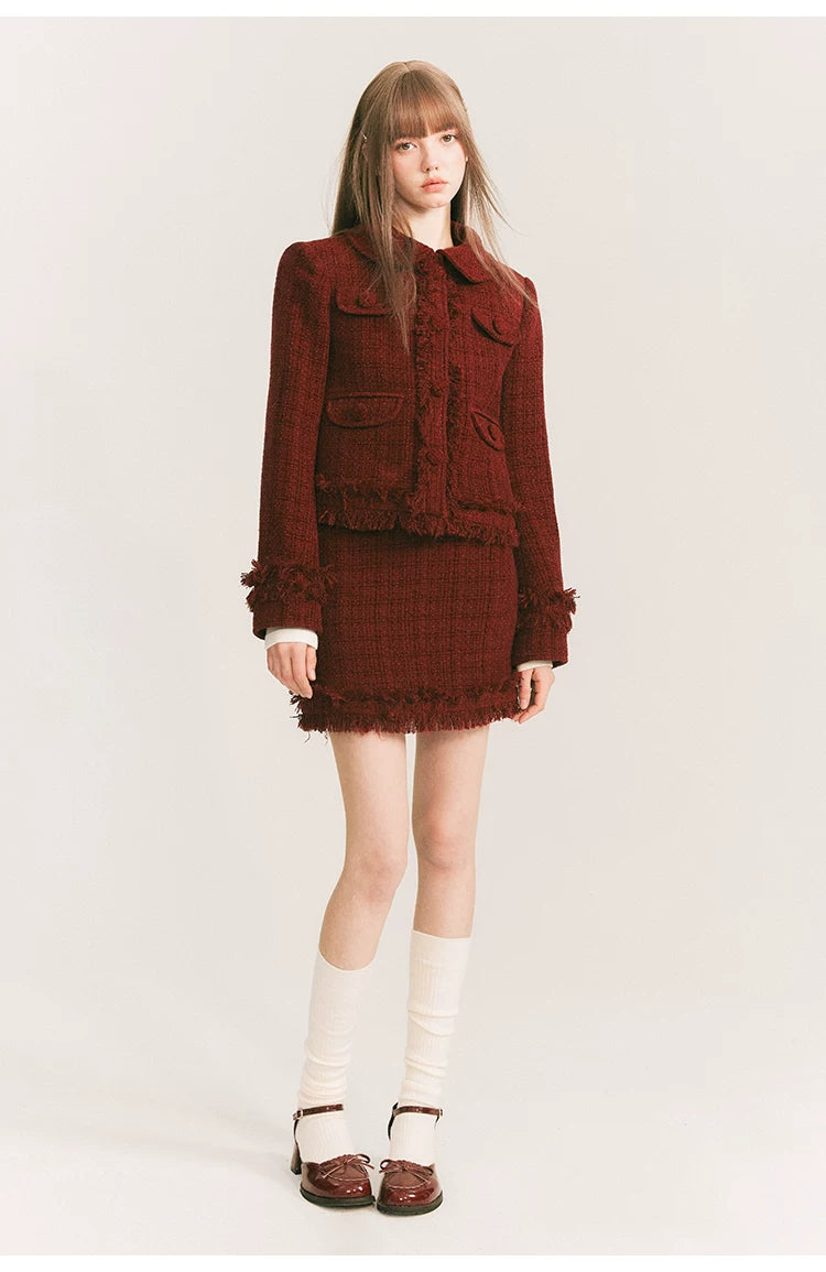 Round Collar Tweed Jacket & A-Line Tweed Skirt Setup