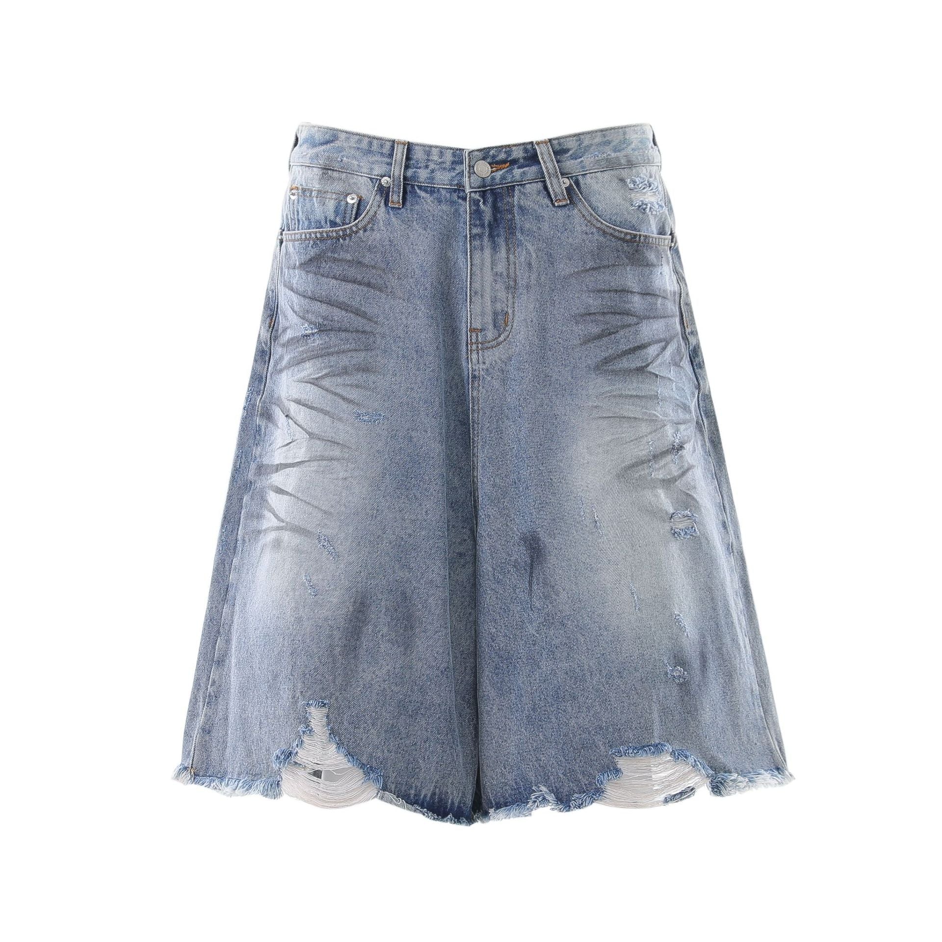 Whisker Washed Wide Leg Denim Jort