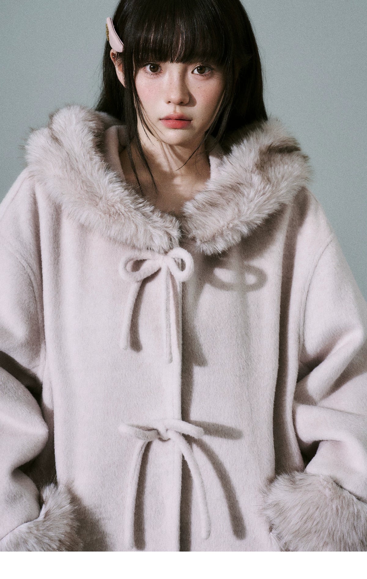 Bow Detail Fake Fur Trim Coat