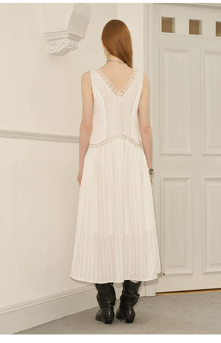 V-Neck Lace Stripe Splicing Sleeveless Long Dress