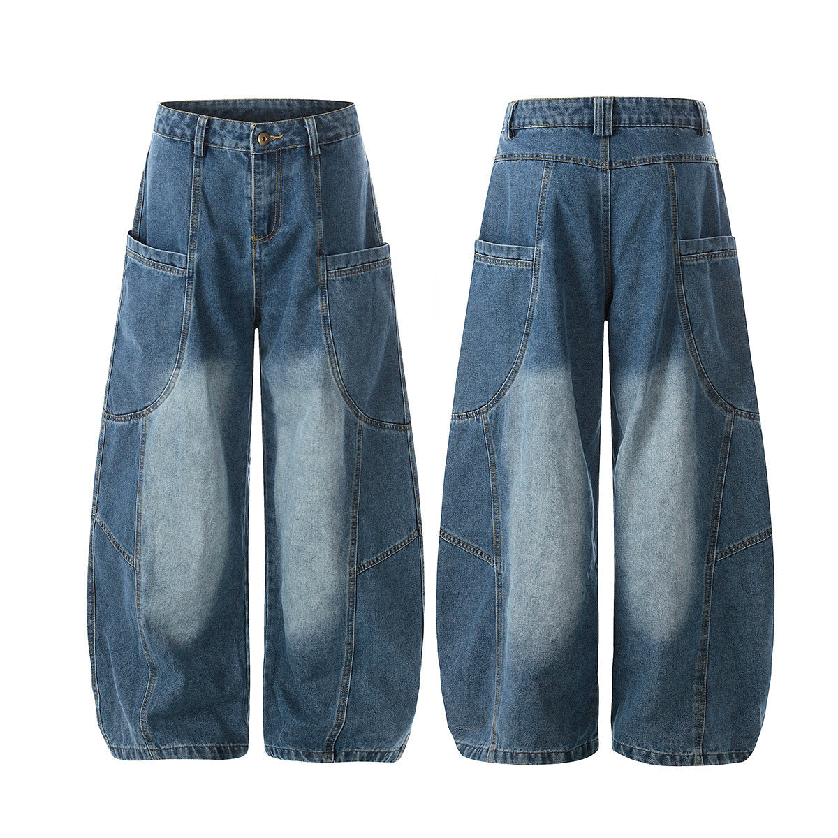 Curved Wide Leg Patchwork Denim Jeans
