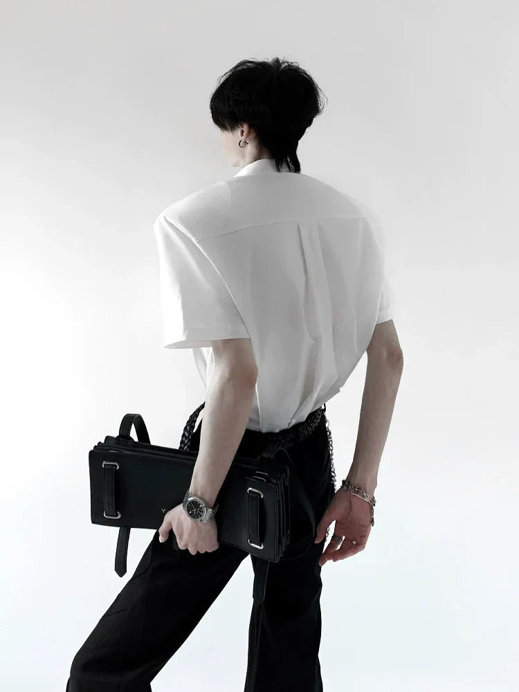 Metal Deconstruction Shoulder-Pad Zipper Short Sleeve Shirt