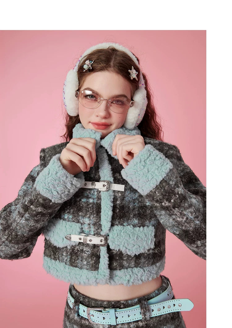 Fake Shearling Short Jacket & Pencil Skirt Setup