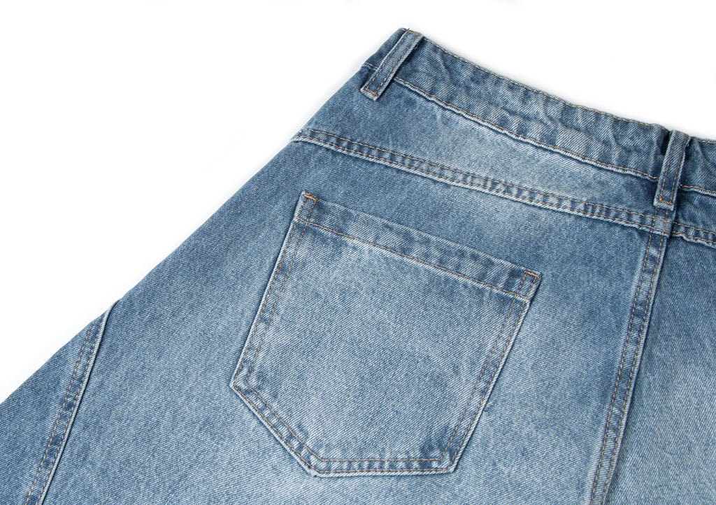 Washed Panel Design Wide Leg Denim Jeans