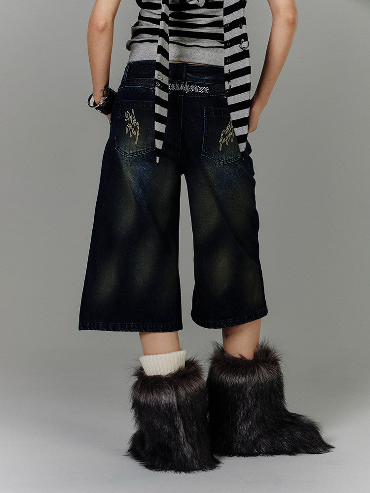 Washed Damage High-Waist Cropped Straight Denim Jeans