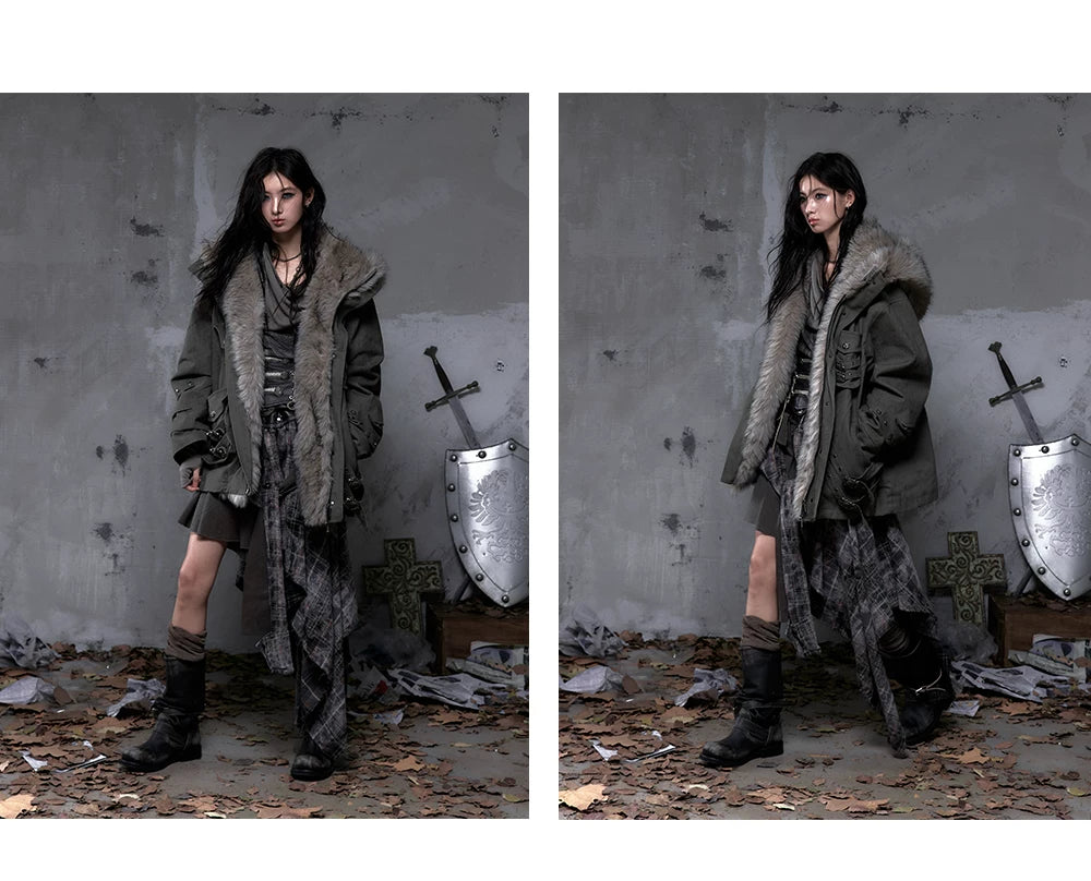 Fake Fur Hooded Multi-Pocket Buckle Detail Jacket
